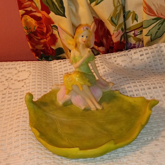 GREEN COLORFUL FAIRY LEAF DISH JERELRY TRINKET 6" HOLDER - Picture 2 of 8